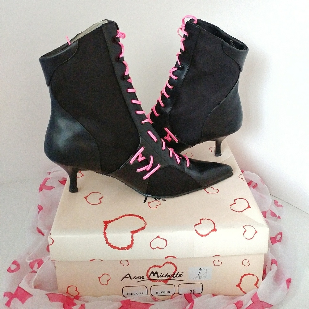 Black and Neon Pink Women's Lace Up Heeled Boots